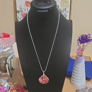 Elegant Pink and Sterling Plated Silver Pendant Necklace